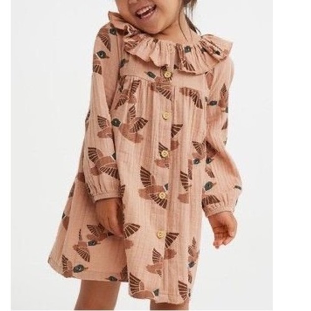 HM Girls Mallard Duck Print Cotton Gauze Ruffle Collar Dress Size 6